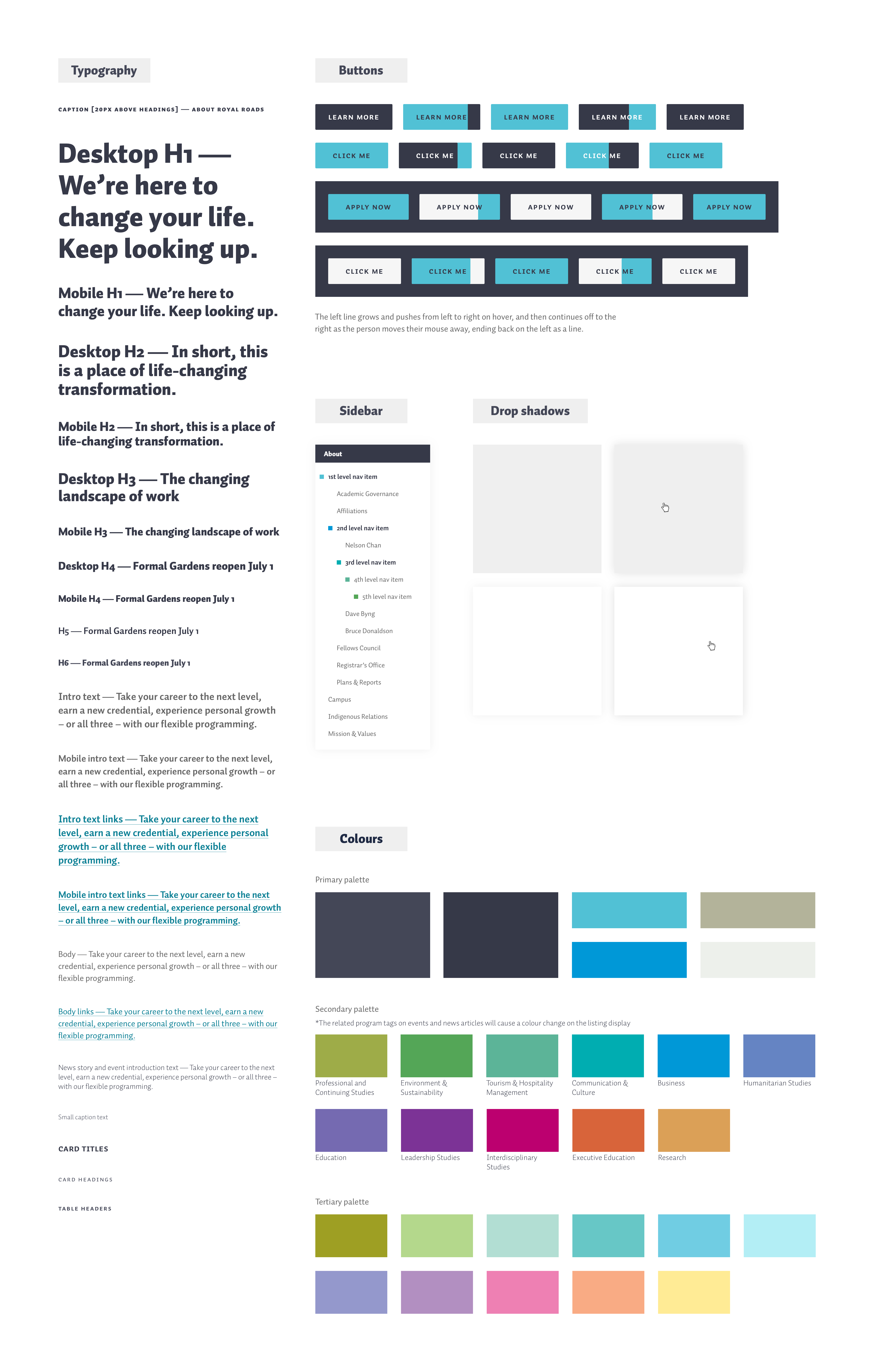 Style guide showing fonts, animations, and colours for Royal Roads University